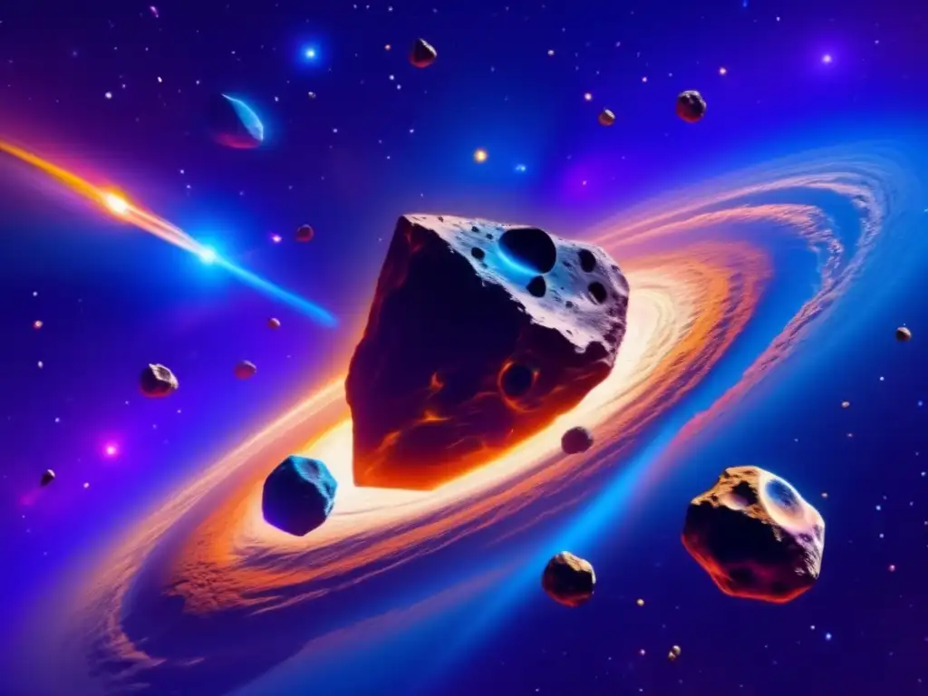Avances en espectroscopía de asteroides en una vibrante imagen de asteroides orbitando una nebulosa colorida