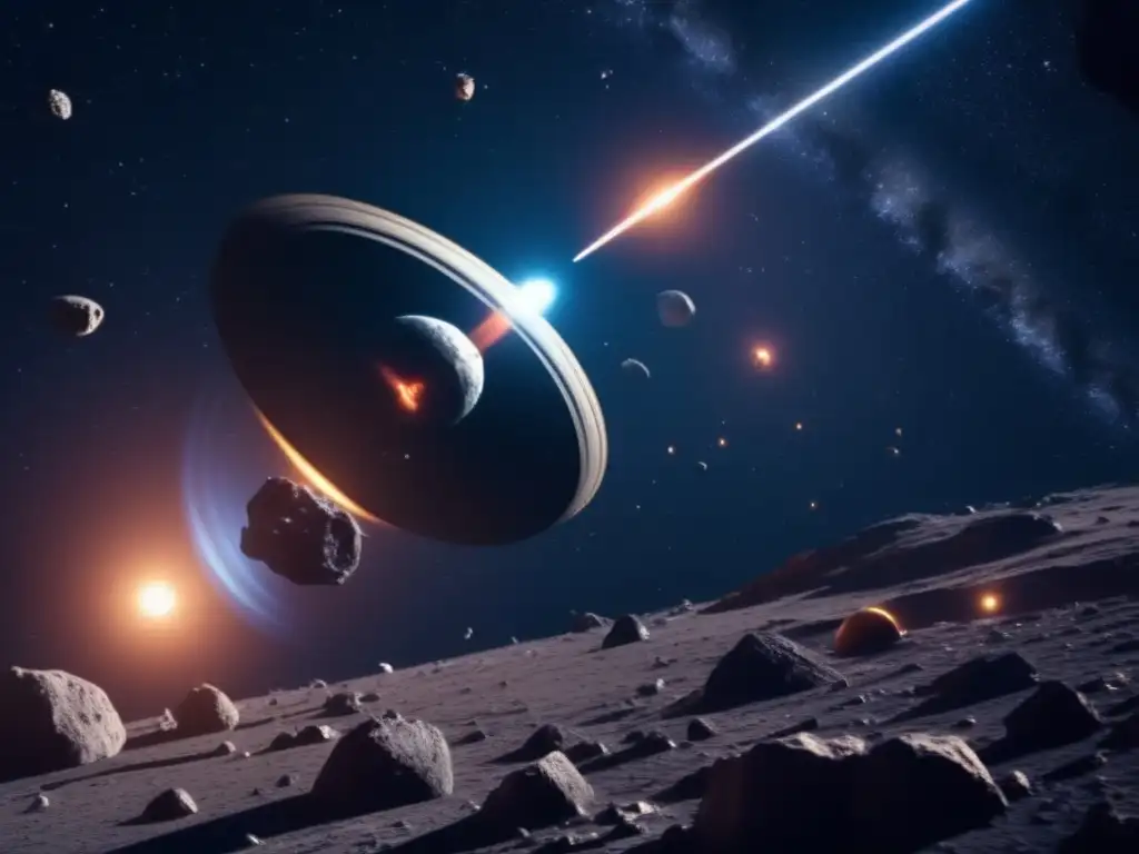 Avances IA navegación autónoma asteroides: nave espacial con tecnología futurista maniobrando entre asteroides en el espacio