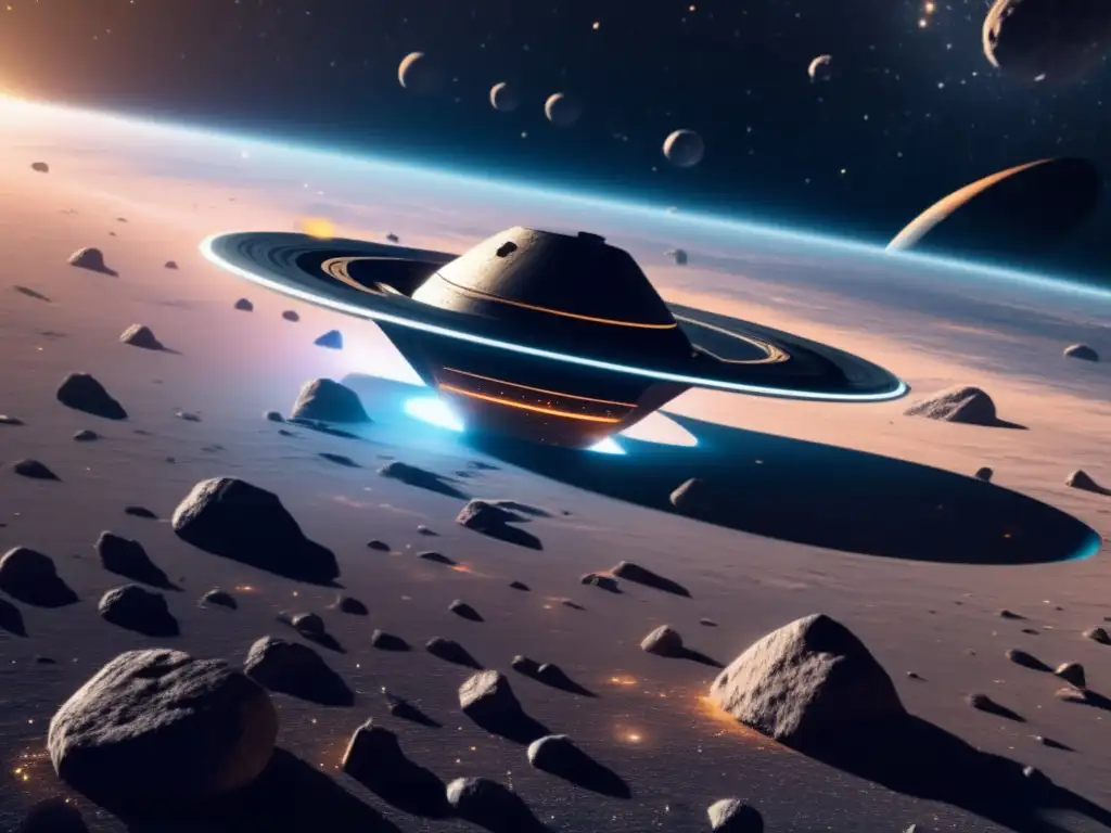 Avances IA navegación autónoma asteroides: nave espacial futurista en cinturón de asteroides, tecnología 8K y belleza celeste