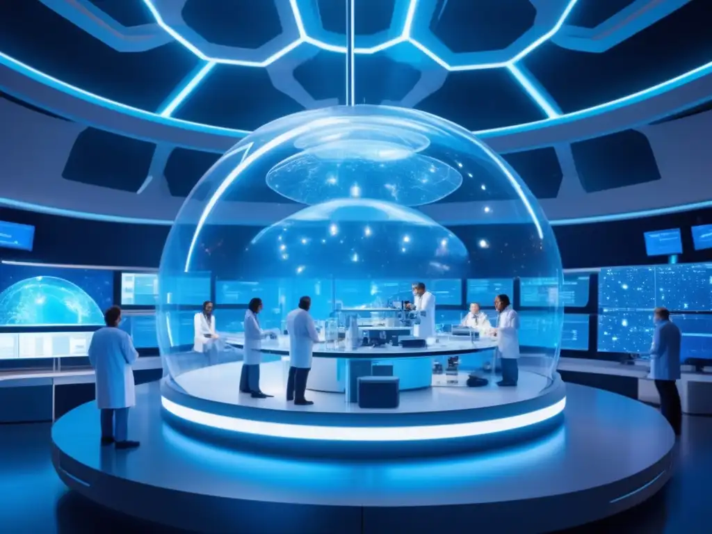 Avanzado laboratorio futurista con científicos, tecnología y asteroides como fuente de vacunas