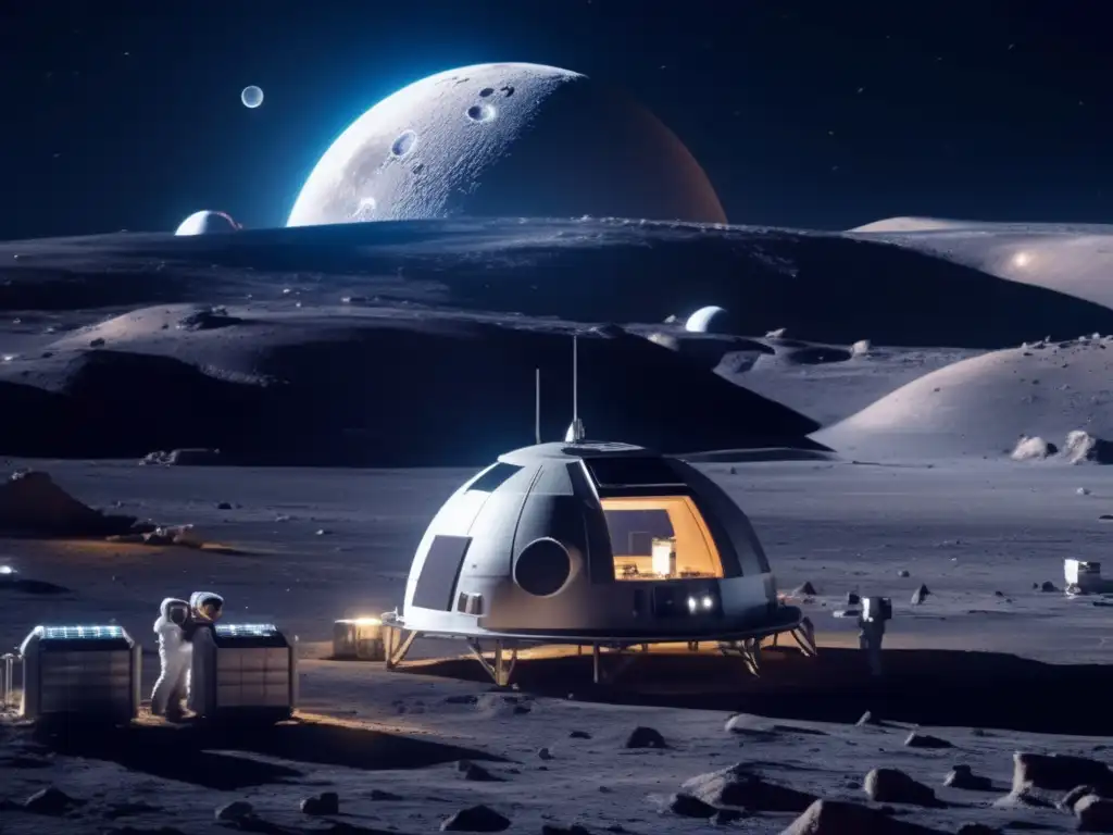 Base lunar futurista iluminada, científicos explorando y la Tierra en el cielo negro - Exploración de asteroides para recursos