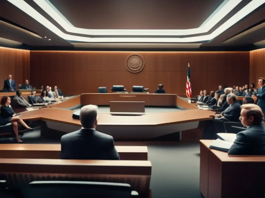 Batalla legal recursos espaciales: intensa escena en un moderno tribunal con jueces, abogados y público atento