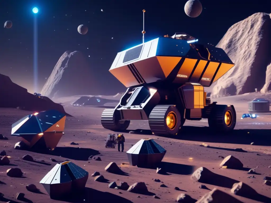 Batalla legal recursos espaciales: Minería espacial futurista en asteroide con rig y asteroides en tonos azules, morados y dorados