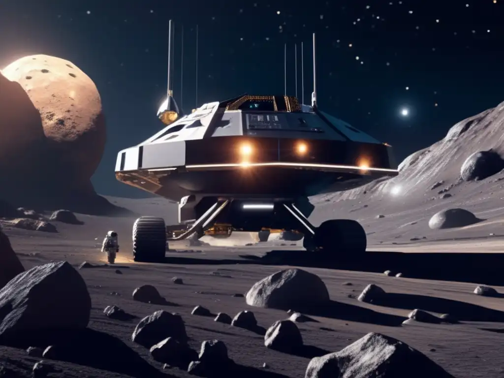 Batalla legal recursos espaciales: imagen detallada de una operación minera en asteroide, con nave futurista y brazos robóticos