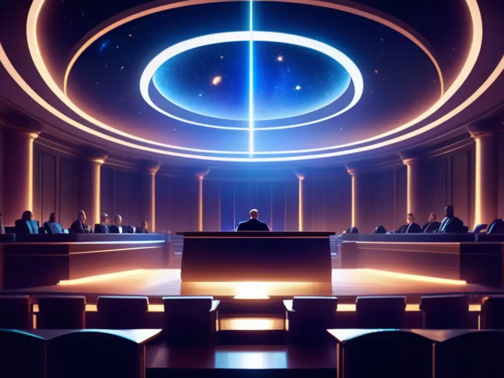 Batalla legal recursos espaciales en una majestuosa sala de tribunal futurista