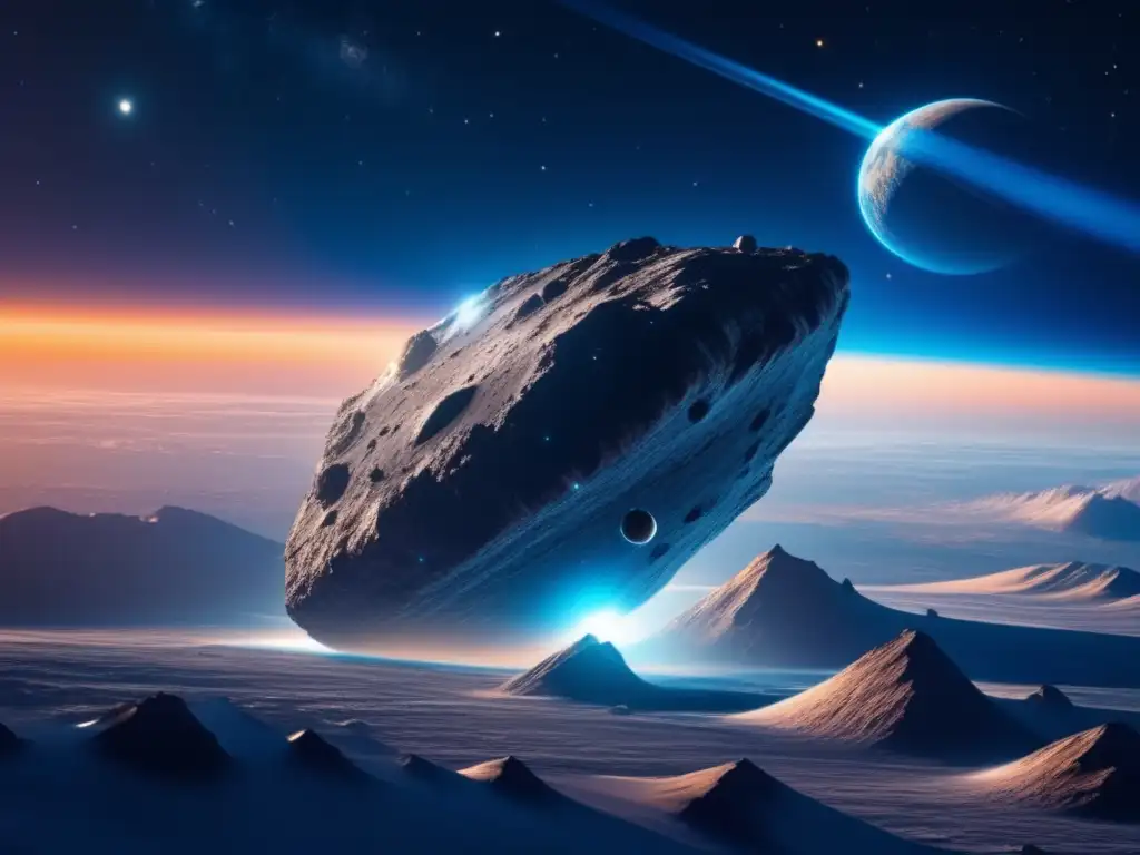 Beneficios de la explotación de asteroides: Escena cinematográfica de un asteroide cubierto de hielo y estrellas distantes