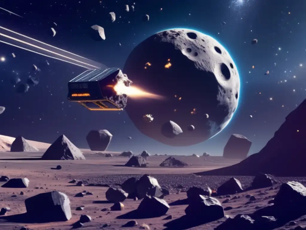 Beneficios de la explotación de asteroides: Escena futurista de mina espacial con astronautas y naves espaciales