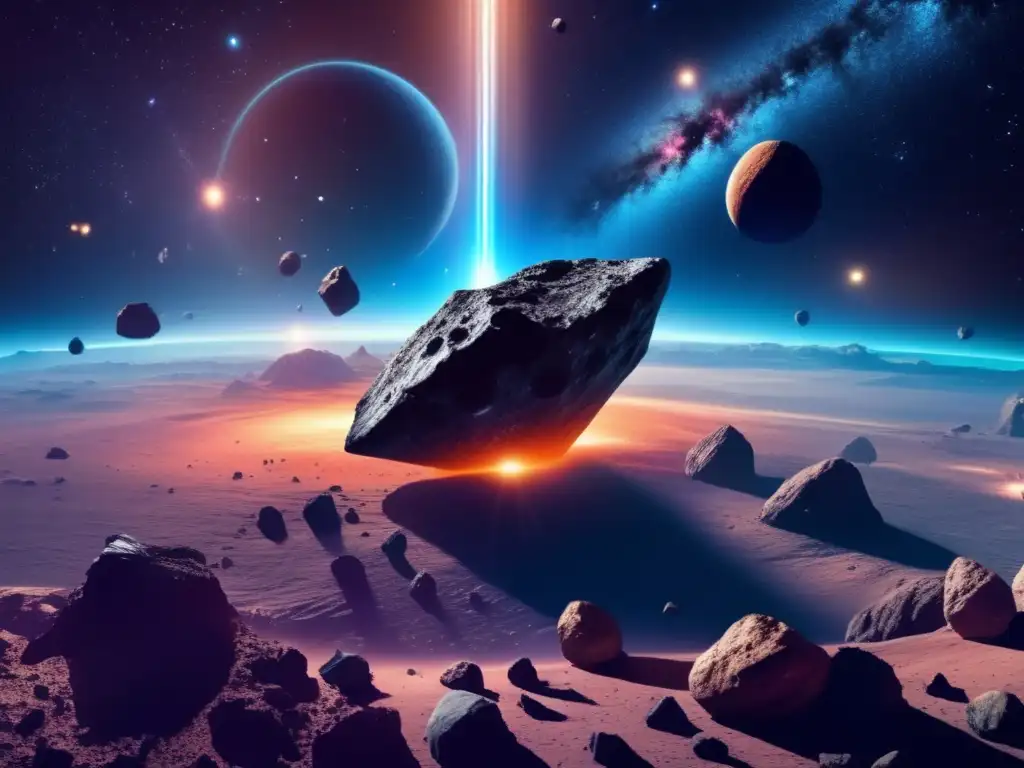 Beneficios de la explotación de asteroides en el espacio: Majestuosos asteroides flotan en una galaxia estrellada