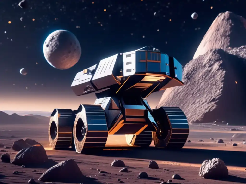Beneficios minería de asteroides: Futuro minado espacial 8k ultradetallado, maquinaria avanzada, tecnología, recursos valiosos, exploración espacial