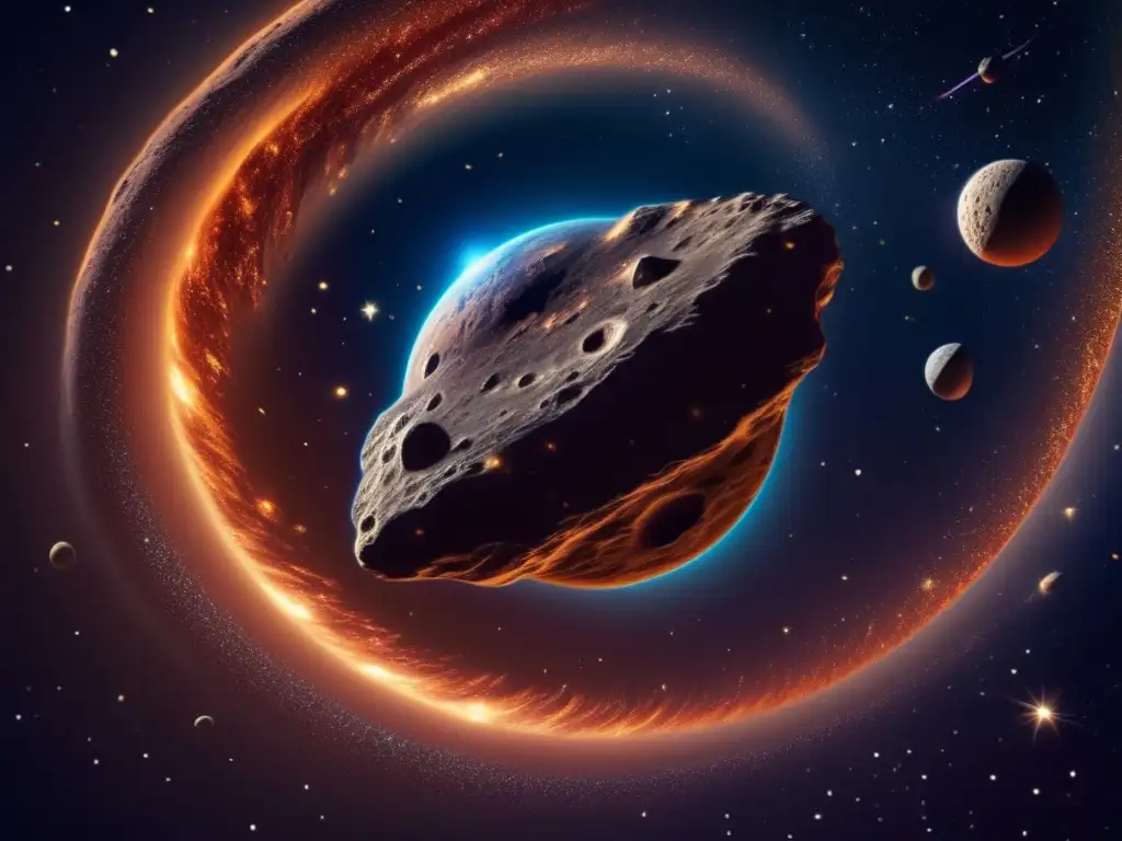 Beneficios de la explotación de asteroides: Vista asombrosa de un asteroide en el espacio, rodeado de polvo cósmico, estrellas y una nebulosa vibrante