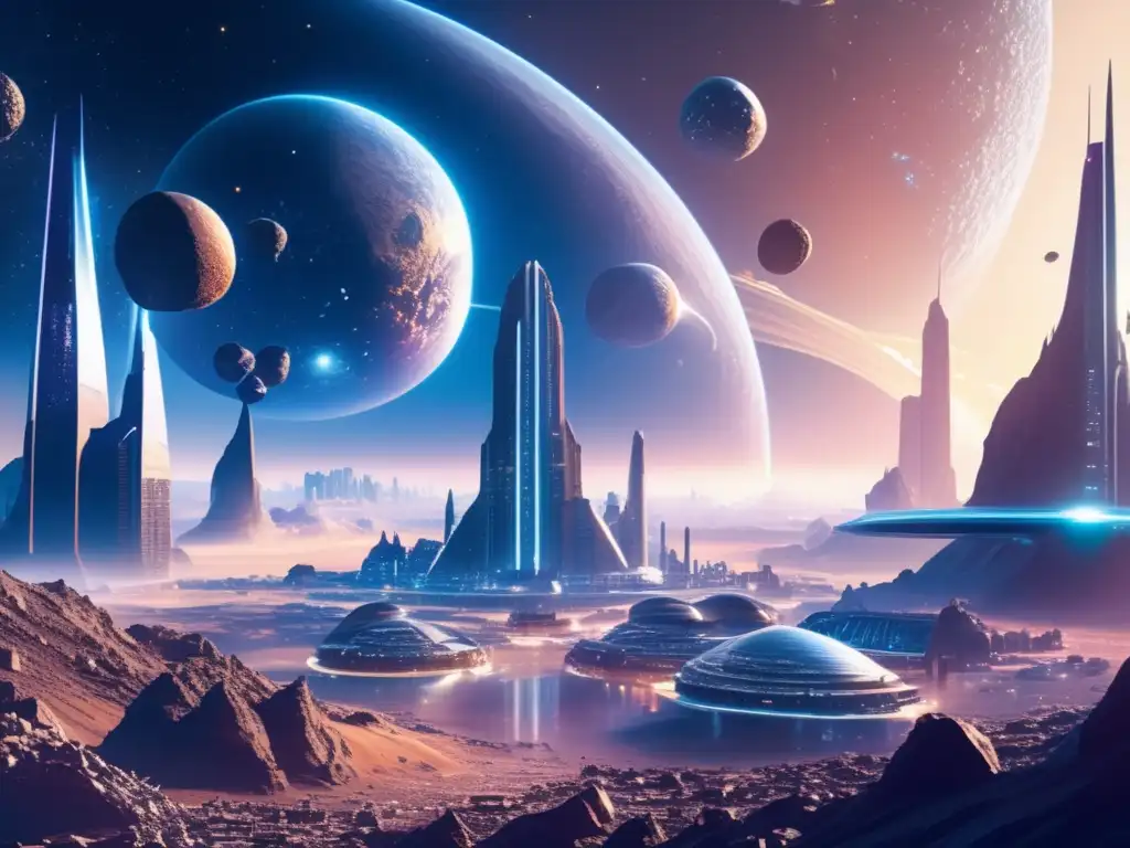 Beneficios económicos de los asteroides: ciudad futurista flotante sobre un campo de asteroides radiantes