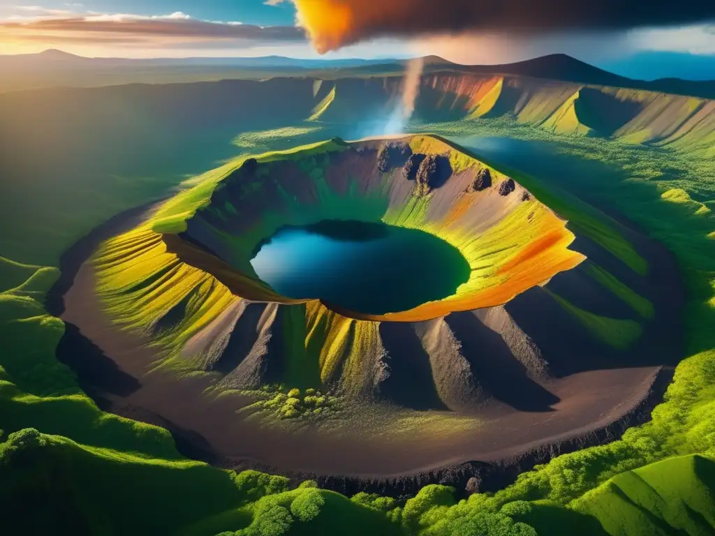 Beneficios económicos de los cráteres: escena impresionante de un cráter con mineros y exuberante paisaje