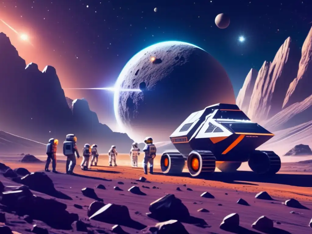 Beneficios económicos de la minería espacial: Escena futurista de minería en asteroide con astronautas y tecnología avanzada