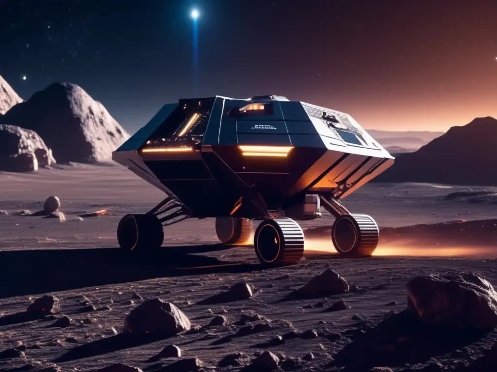 Beneficios económicos de la minería espacial: Operación minera futurista en asteroide con avanzada tecnología