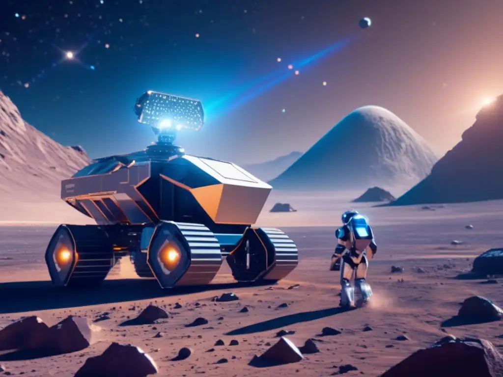 Beneficios minería espacial: robot minero en asteroide mostrando operación futurista y tecnología avanzada