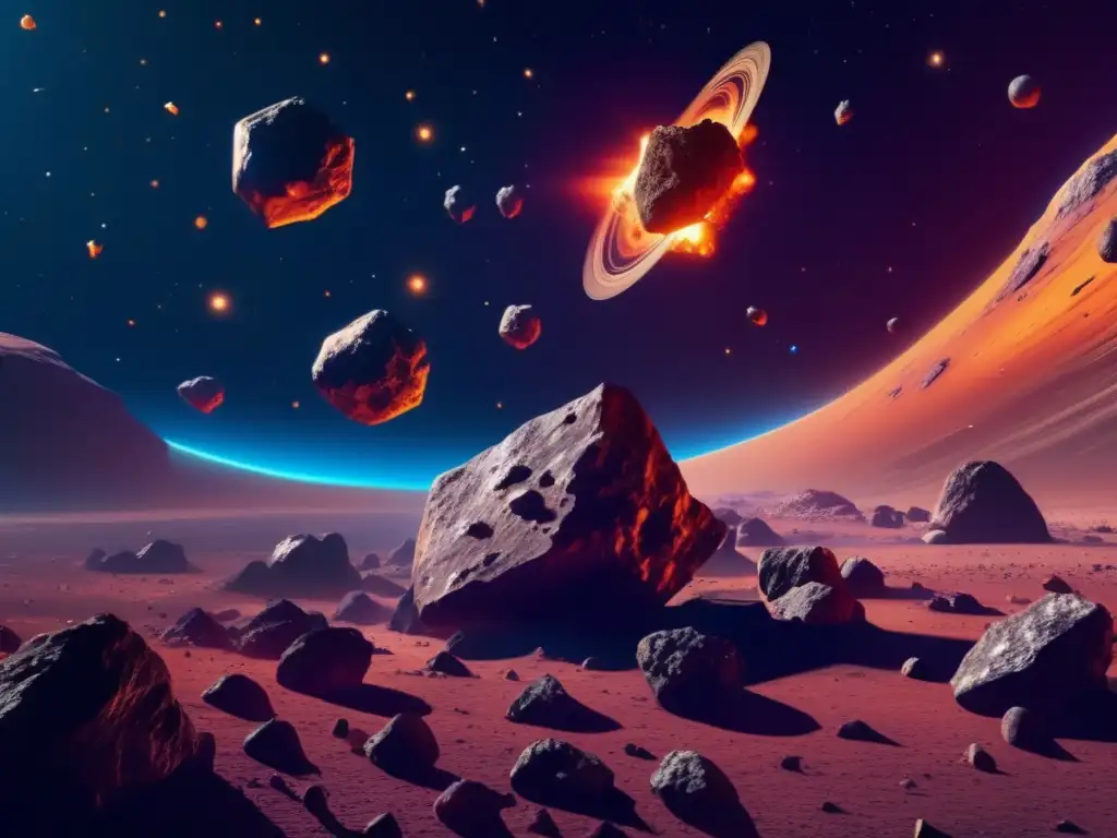 Beneficios de la minería espacial: Asteroides 8k ultra detallados flotando en el espacio, con colores vibrantes y formas únicas