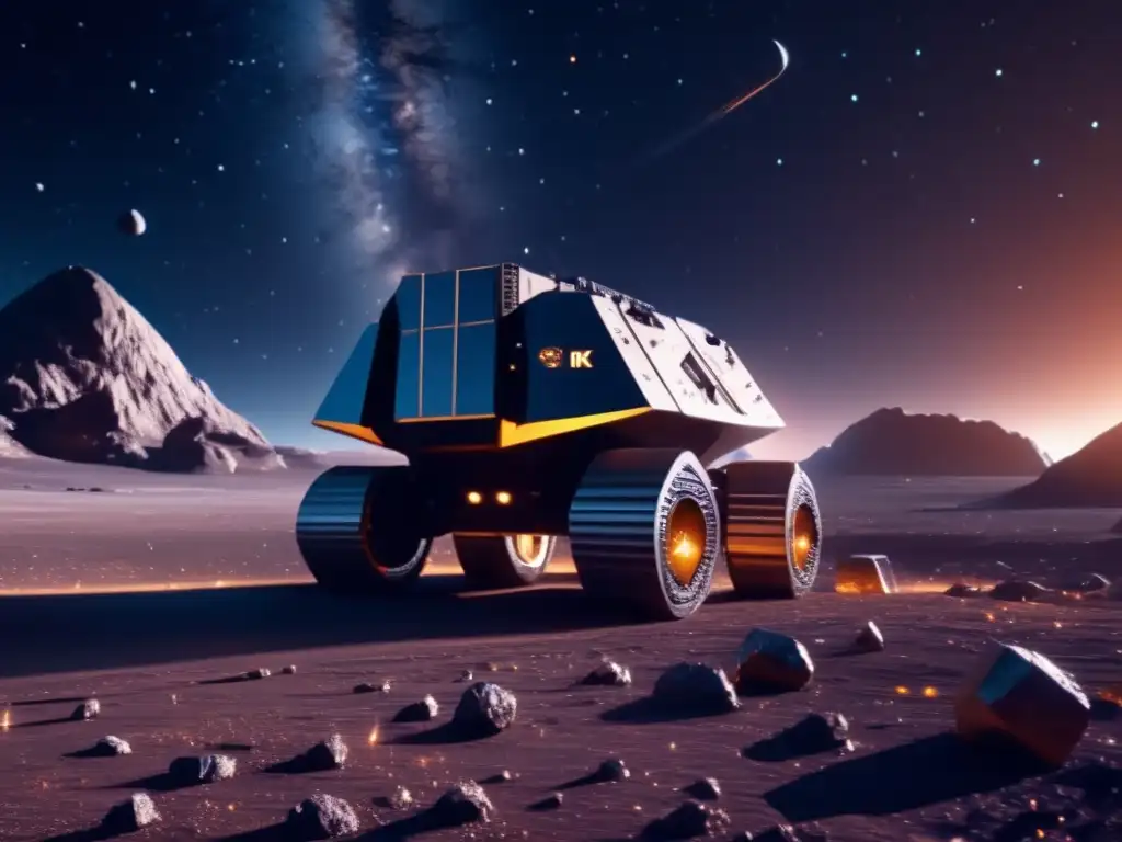 Beneficios de la minería espacial: Operación minera futurista en asteroide con maquinaria avanzada y recursos valiosos
