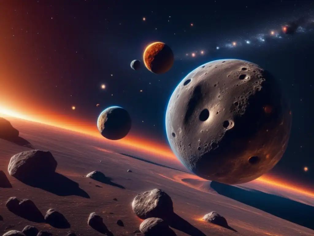 Identificación asteroides binarios: Detalle impresionante de dos cuerpos celestes en órbita, mostrando su textura, colores y luz