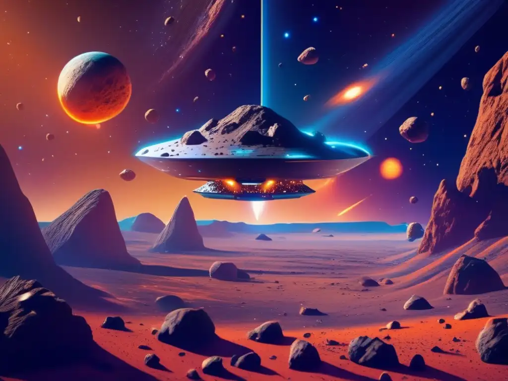 Investigación biopolímeros asteroides - Imagen épica del espacio con asteroides de colores vibrantes y una nave espacial avanzada para investigación