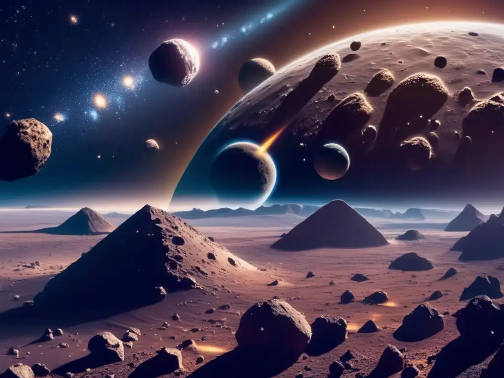 Biotecnología en minería espacial: asteroides de gran belleza y potencial, con detalles fascinantes y una nebulosa colorida