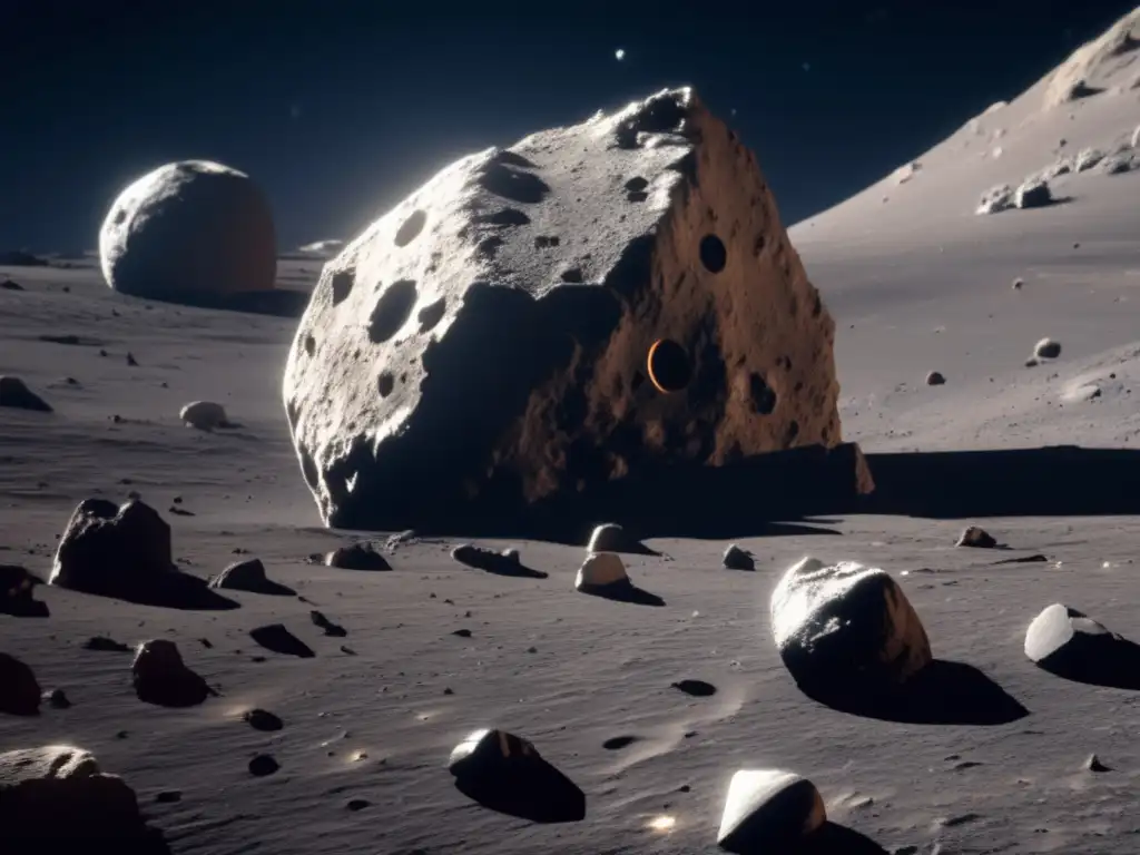 Búsqueda agua en asteroides C: superficie rocosa, cráteres, brazo robótico
