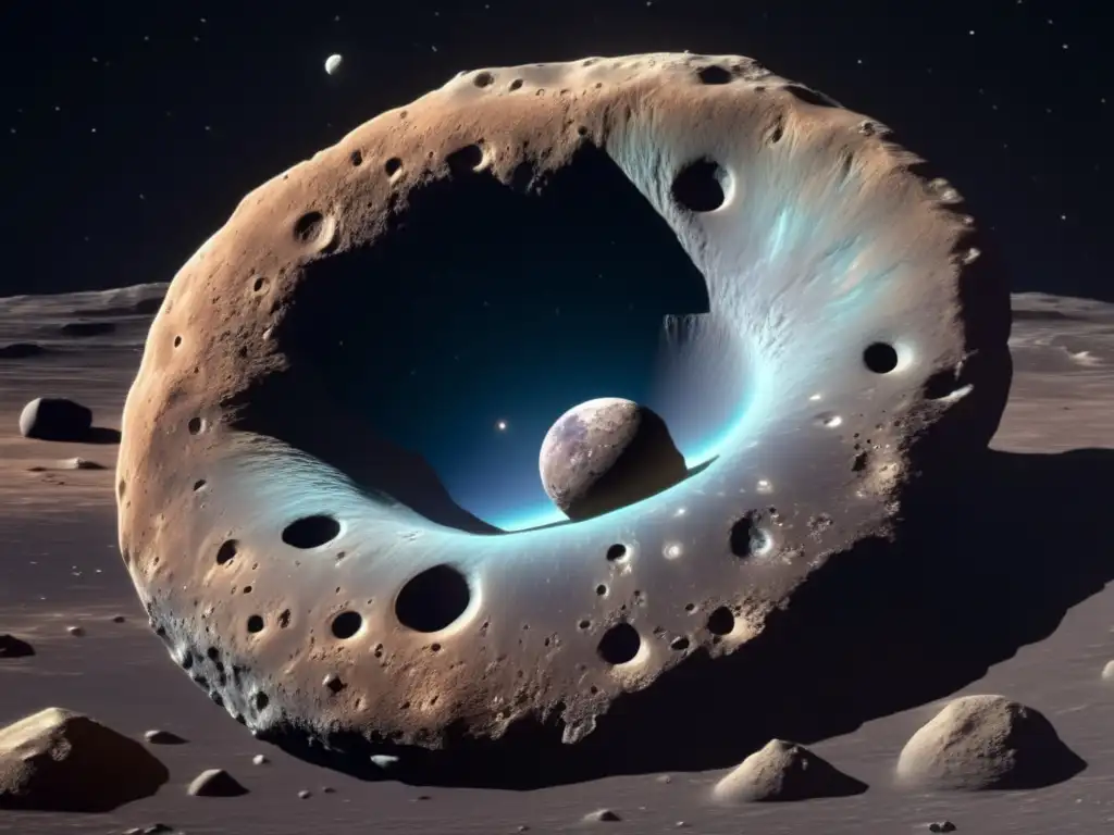 Búsqueda de agua en asteroides tipo C: Asteroida con superficie rocosa, cráteres, hielo y agua, en un paisaje espacial amplio y profundo