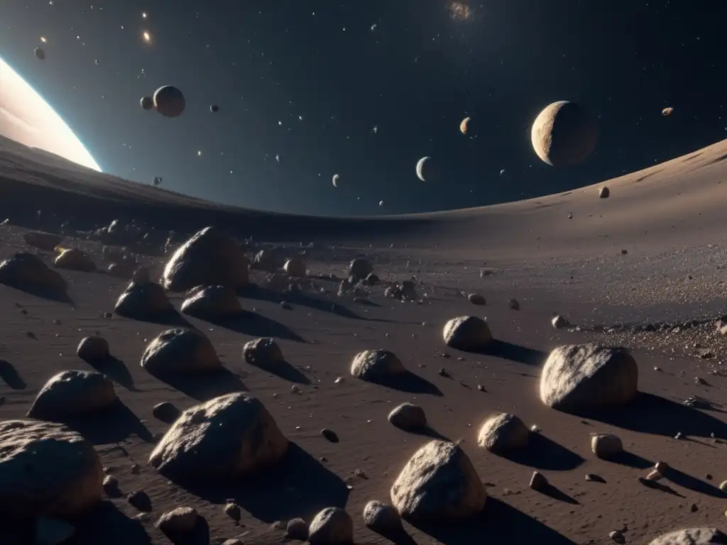 Búsqueda de agua en el espacio: imagen realista de asteroides en el cinturón, nave espacial avanzada