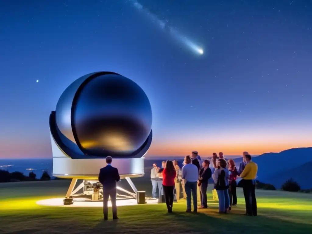 Búsqueda de asteroides aficionados en una imagen de alta resolución, con entusiastas astrónomos y un telescopio moderno en un entorno pintoresco