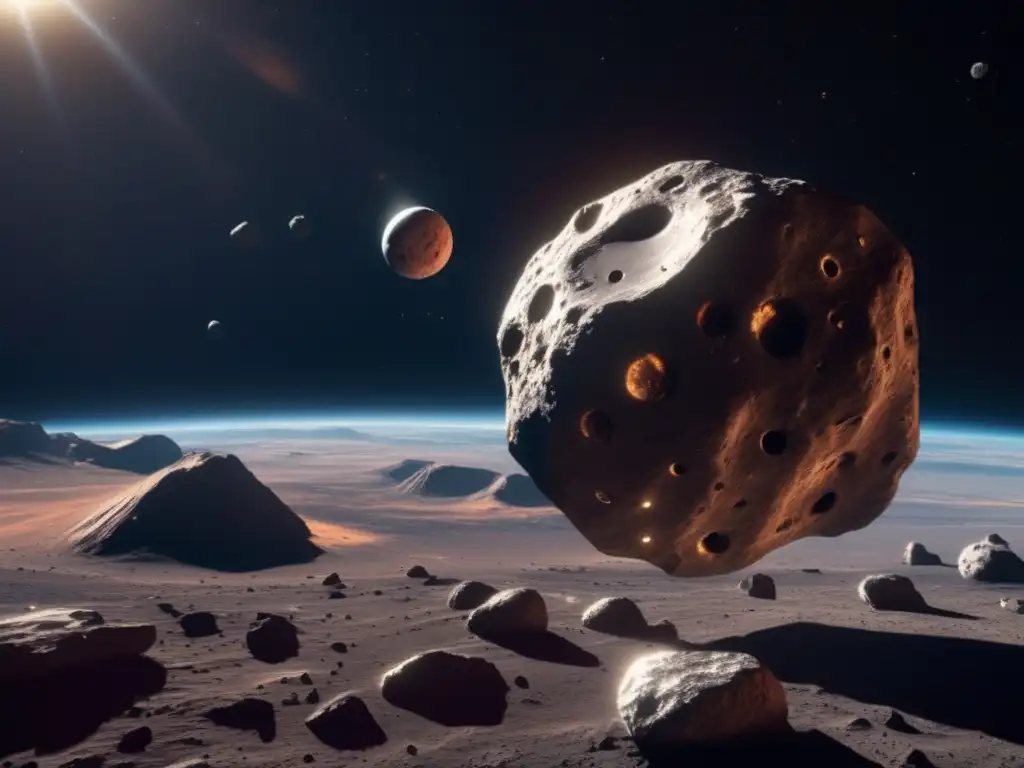 Búsqueda compuestos orgánicos en asteroides: imagen detallada de asteroide en espacio, con robot recolectando muestras y nave espacial avanzada