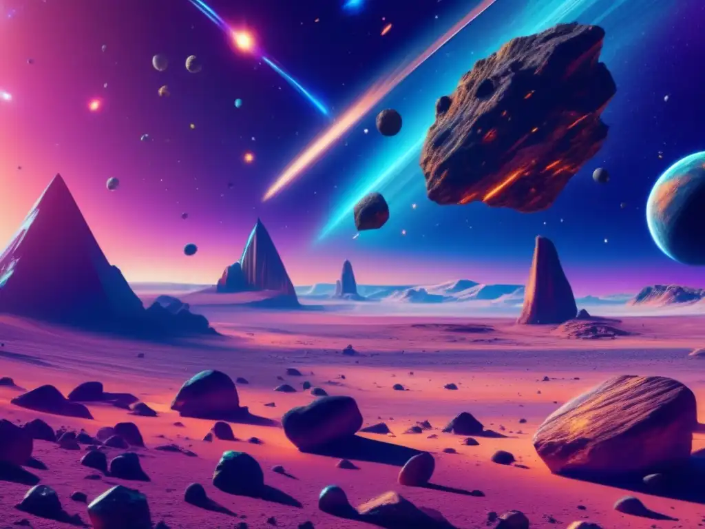 Búsqueda vida extraterrestre en asteroides: Imagen 8k detallada muestra vasto espacio con asteroides de distintos tamaños y formas, y nave futurista equipada para su búsqueda