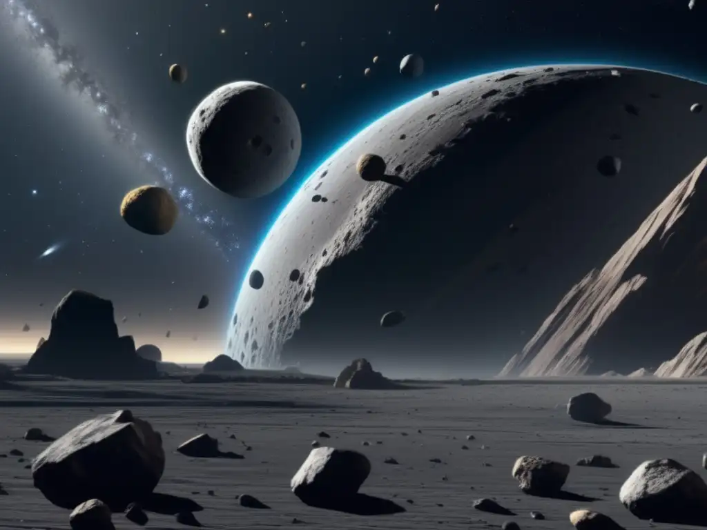 Búsqueda vida extraterrestre en asteroides - Nave espacial explorando un vasto cinturón de asteroides