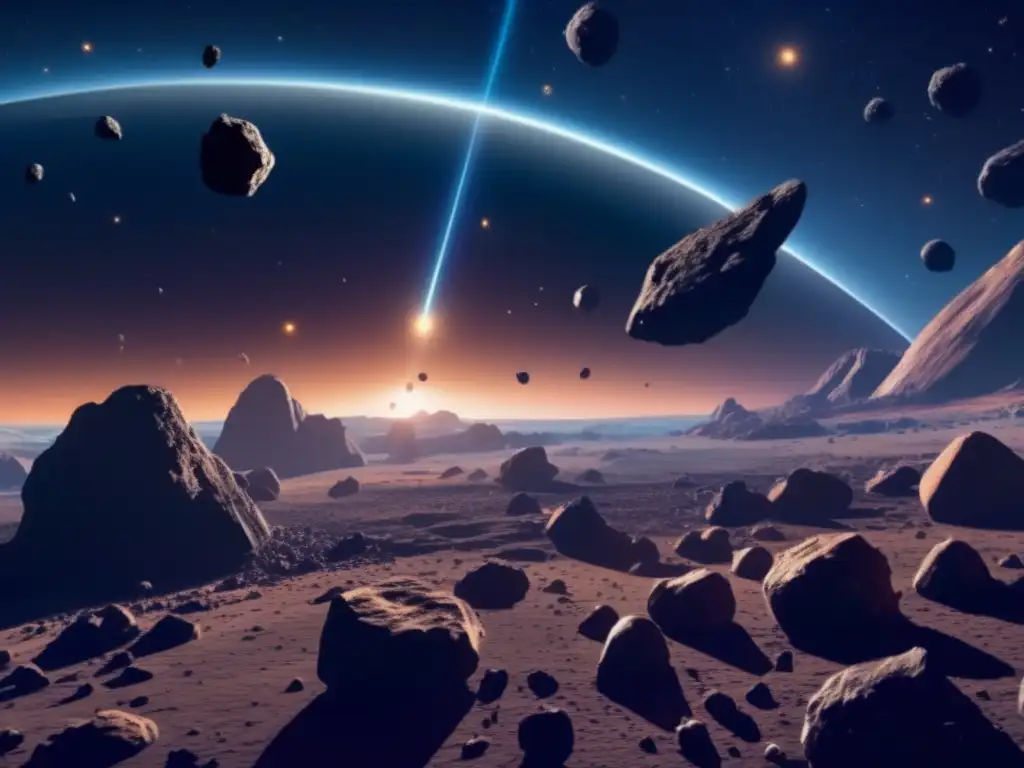 Búsqueda vida extraterrestre en asteroides: Vista impactante de un vasto campo de asteroides, con variedad de formas, texturas y colores
