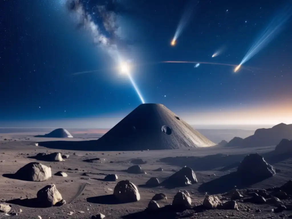 Búsqueda de riquezas en asteroides S: imagen espectacular del espacio, con asteroides, nave minera y colores vibrantes