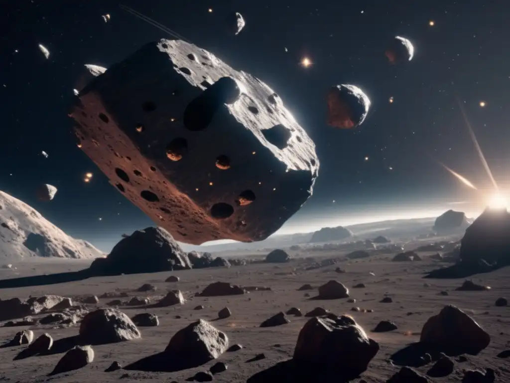Búsqueda de riquezas en asteroides S: Vista impresionante de campo vasto de asteroides en espacio, con nave minera y diamantes incrustados