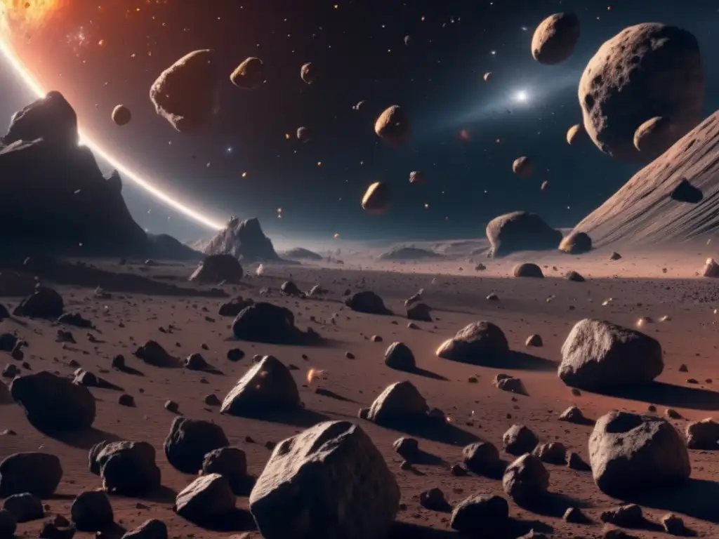 Búsqueda de riquezas en asteroides S: Campo de asteroides en el espacio exterior, con asteroides pequeños y grandes flotando en una vasta oscuridad