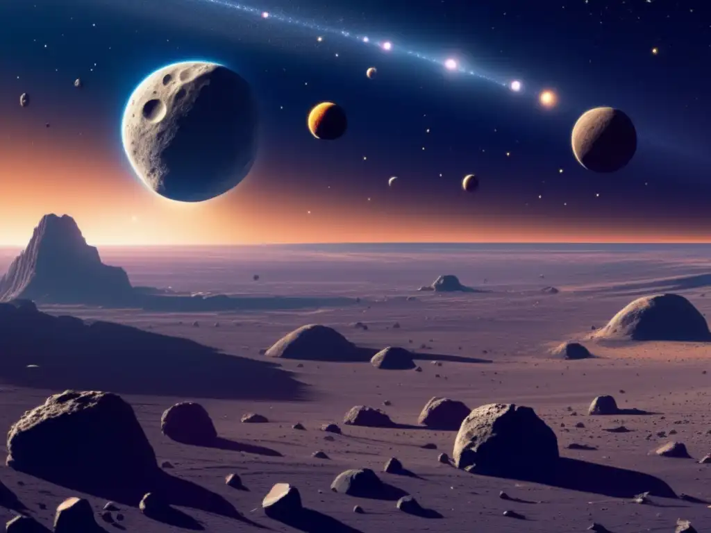 Búsqueda de riquezas en asteroides S: vasto espacio con cinturón de asteroides, nave minera y tecnología avanzada