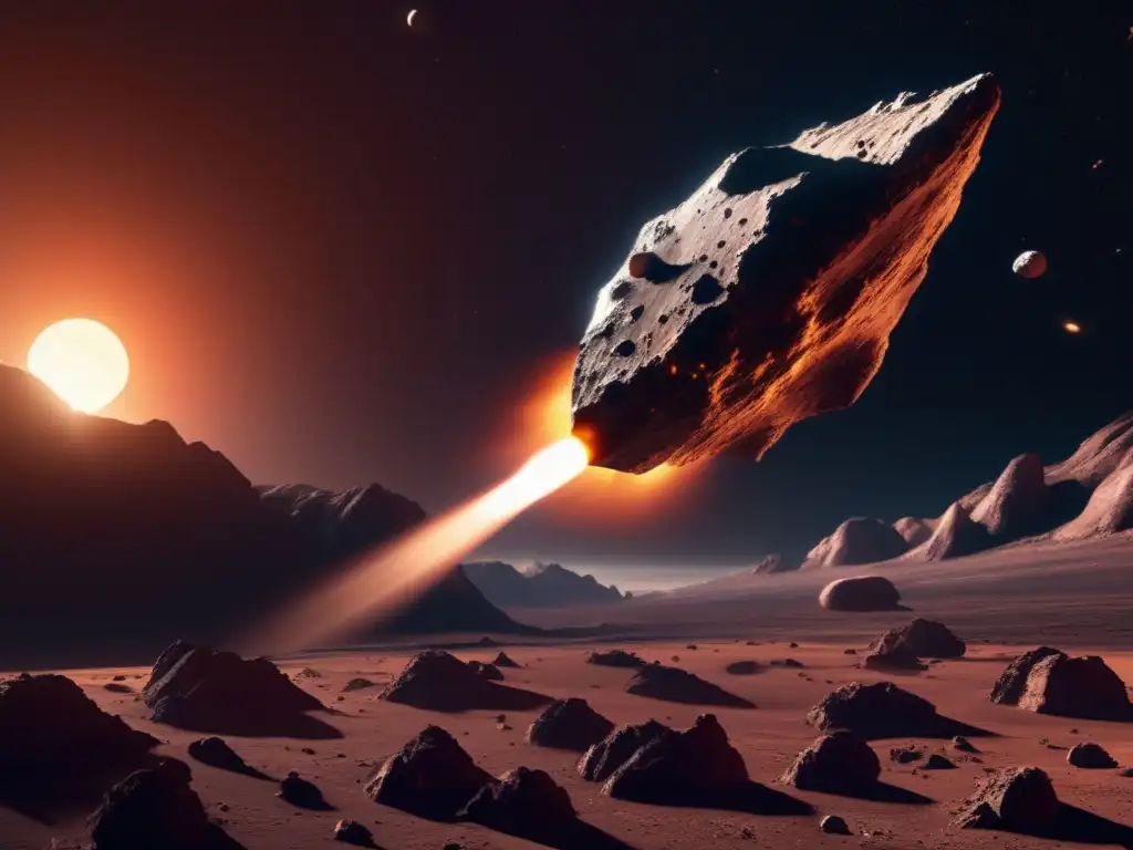 Búsqueda de vida extraterrestre en asteroides: nave espacial recolectando muestras en asteroide