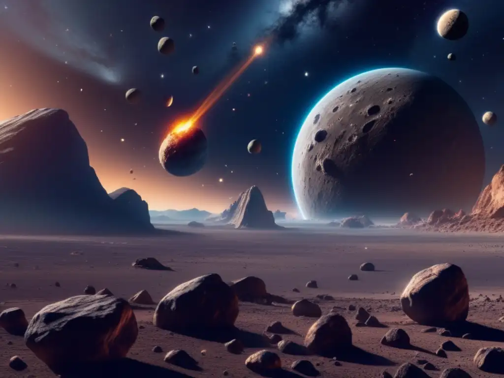 Búsqueda vida sistemas asteroides múltiples: Imagen 8k muestra vasto espacio con asteroides de distintos tamaños, formas y materiales