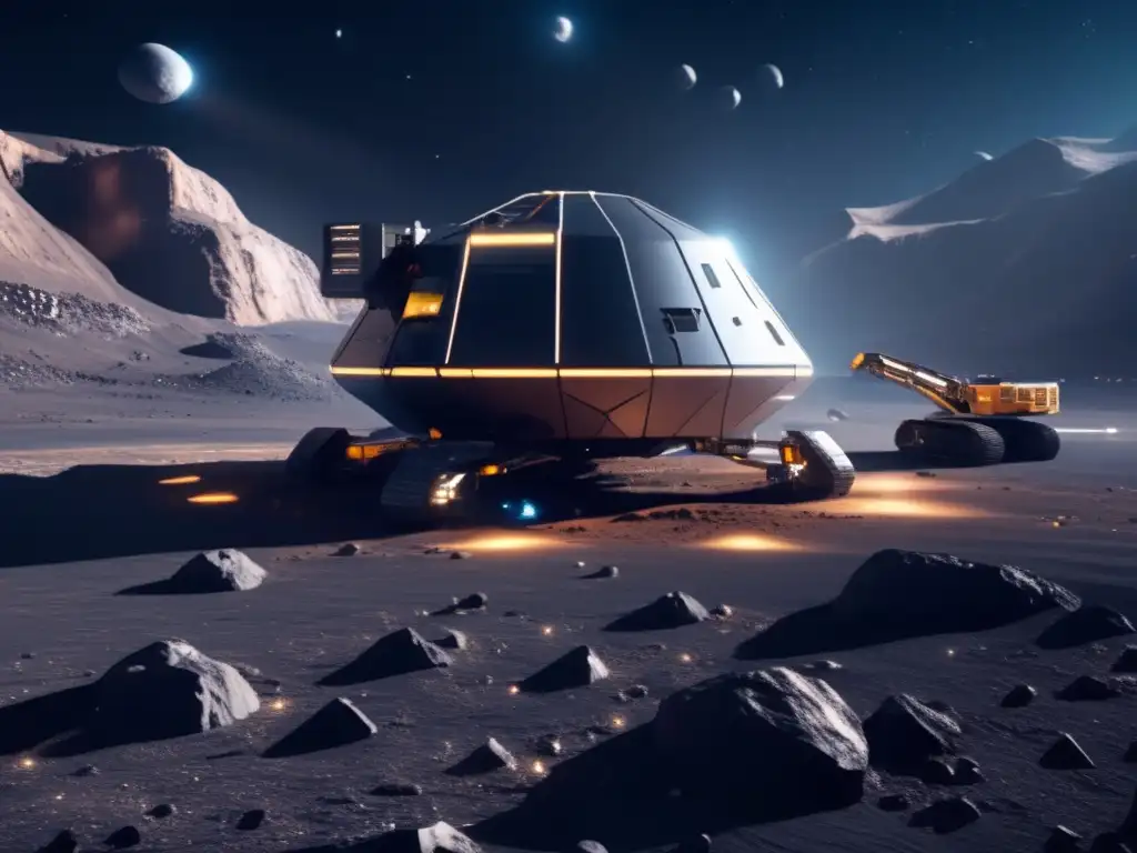 Cadena de Valor de Asteroides: Operación minera espacial futurista en un asteroide, con equipo avanzado y tecnología de vanguardia