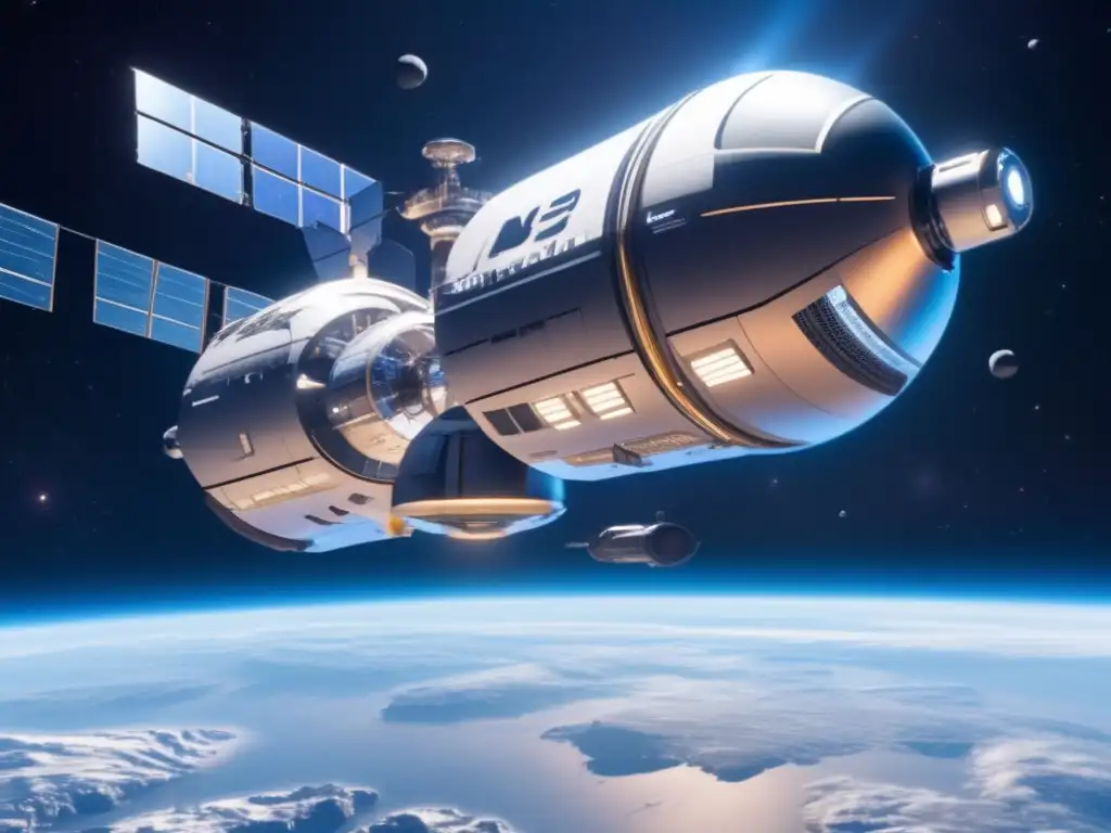 Captura de asteroides para futura seguridad en estación espacial flotante con vistas cósmicas, tecnología avanzada y equilibrio ecológico