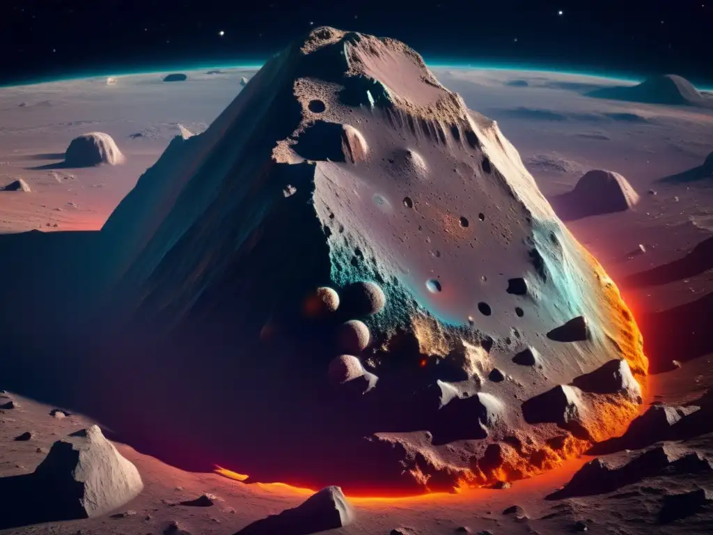 Características distintivas de asteroides: Asteroide 8k con forma de montañas rugosas y colores vibrantes en el espacio