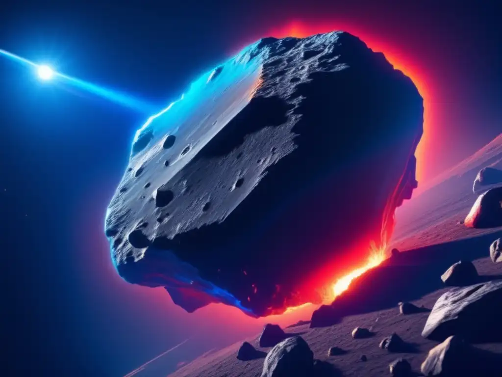 Características inusuales de asteroides con colores vibrantes y forma asimétrica iluminados por una luz etérea