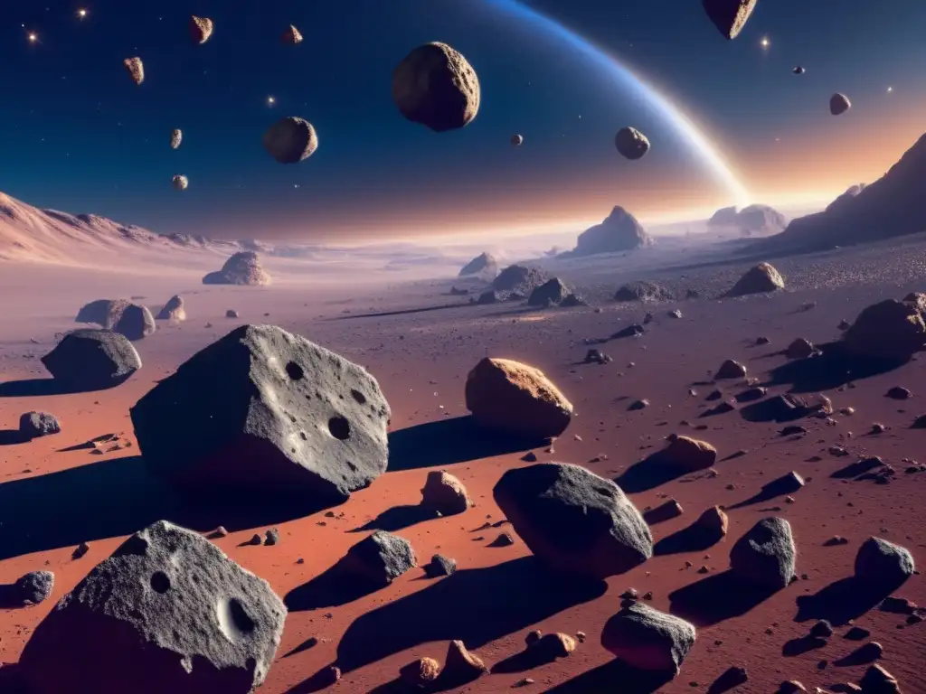 Características inusuales de asteroides: una imagen detallada muestra un vasto espacio con asteroides irregulares y sorprendentemente diversos
