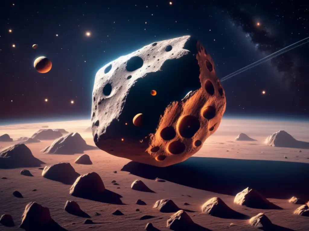 Características únicas asteroides evolución cósmica: Imagen detallada de un asteroide en el espacio, con superficie rocosa y rasgos intrincados