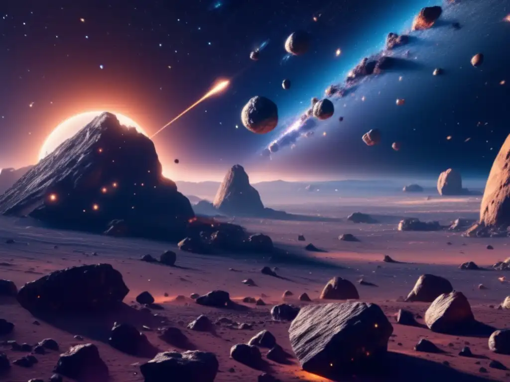 Carrera asteroides recursos cósmicos: mineros espaciales extraen valiosos recursos en inmenso campo de asteroides