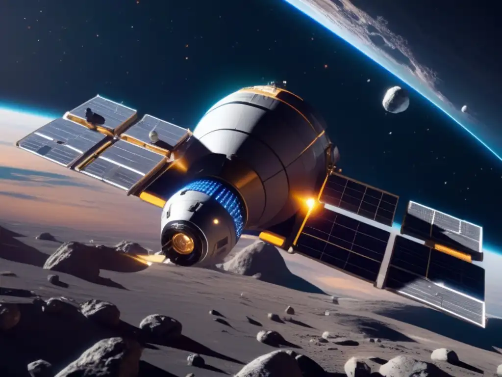 Carrera asteroides recursos cósmicos en estación espacial futurista sobre asteroide con tecnología avanzada y recursos cósmicos