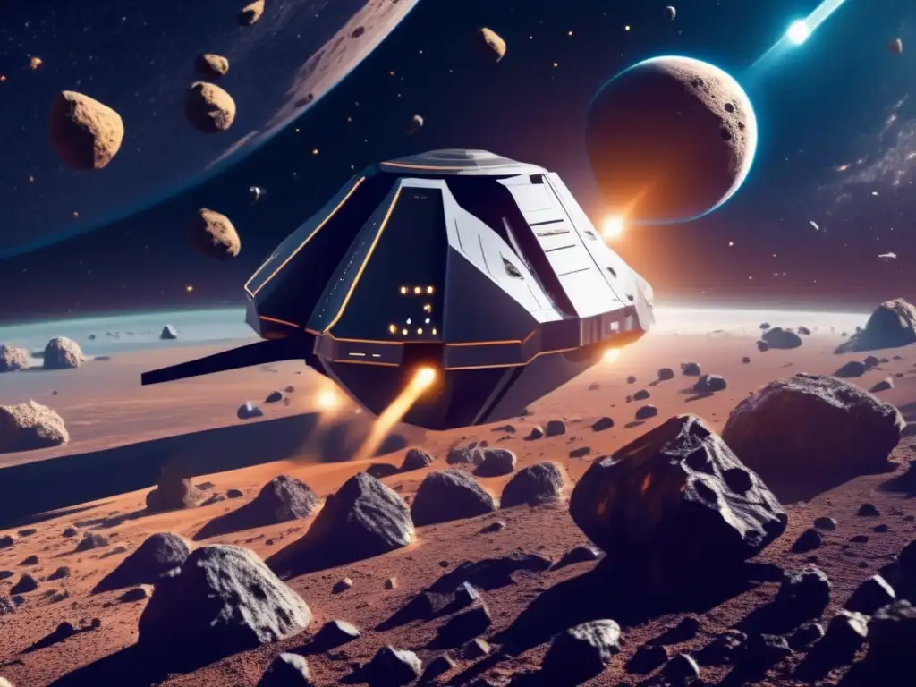 Carrera asteroides recursos cósmicos: Nave futurista maniobrando entre asteroides flotantes en el espacio, con motores brillantes y sombras ominosas