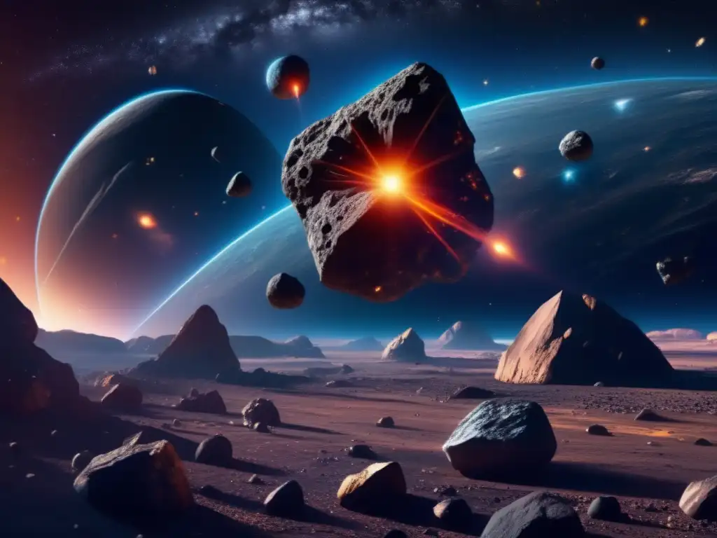 Carrera asteroides recursos cósmicos: Imagen impactante de asteroides en el cosmos, con colores y formas cautivadoras