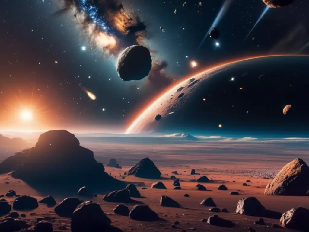 Carrera espacial en asteroides: dos naves compiten por recursos troyanos en un impresionante paisaje estelar