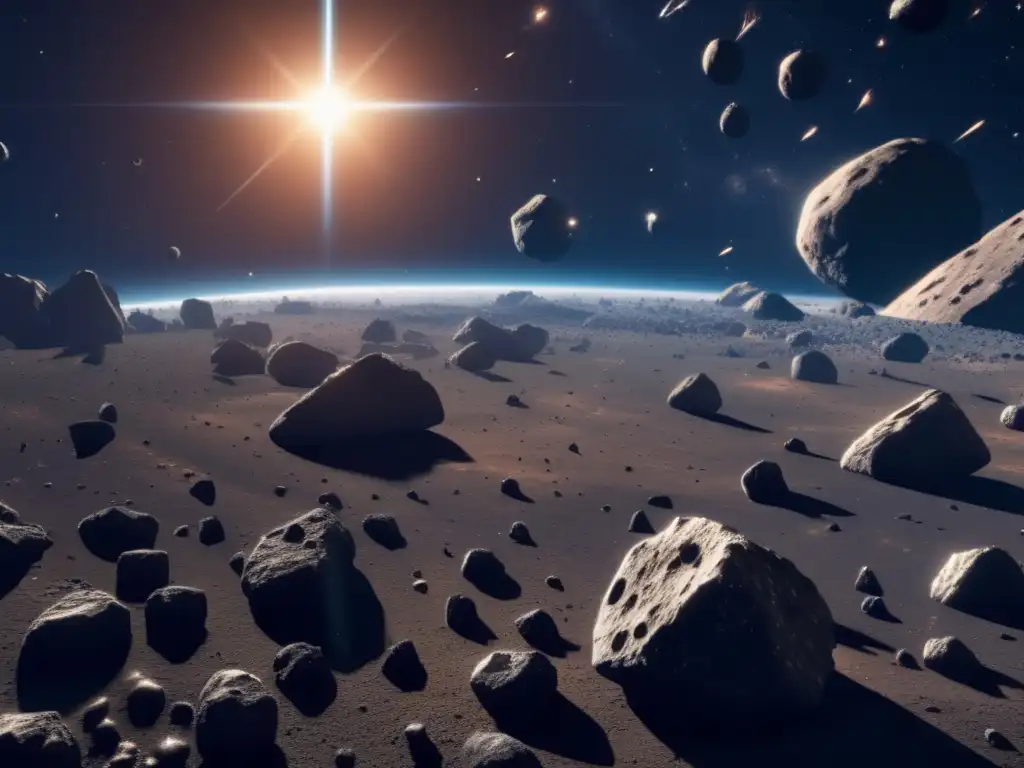 Carrera espacial asteroides ultra primitivos: imagen impresionante de campo de asteroides con texturas realistas y nave espacial futurista